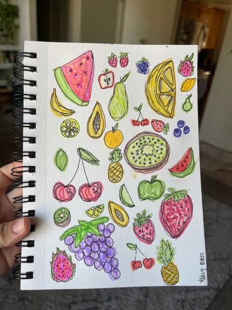 Fruit Drawings Aesthetic, Aesthetic Fruit Drawing, Watermelon Drawing Aesthetic, Fruit Drawings, Colorful Doodles, Summer Doodles, Bujo Fruit Theme, Doodle Fruits And Veggies, Fruit Bullet Journal