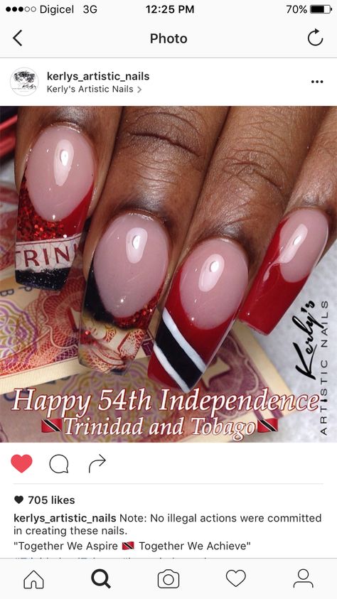 Trinidad Nails Designs, Trinidad And Tobago Nails, Trinidad Nails, Trinidad Flag, Flag Nails, Acrylic Nails Coffin Pink, Acrylic Nails Coffin, Nails Coffin, Happy Independence