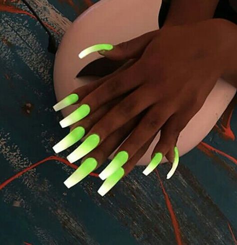 @badgalronnie White And Neon Green Nails, Nails With Neon Design, Green Nail Designs Coffin, White Nails With Neon, Neon Green Nail Designs, Nail Designs Coffin, Color Braids, Neon Green Nails, Green Nail Designs