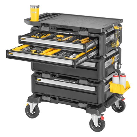 Store, secure, transport, and work with the TOUGHSYSTEM® 2.0 DXL™ Workstation. This customizable, modular storage solution is the industry's first portable storage system with a 30 in. platform. Consisting of 4 independent products designed to be arranged in a variety of ways, this productivity platform is unlike anything else currently available for commercial construction jobsites. A tough-terrain dolly, versatile drawer options, and a functional worktop combine to create an all-in-one ... Dewalt Tough System 2.0 Mods, Dewalt Tough System 2.0, Mobile Tool Storage, Dewalt Tough System, Modular Workstations, Miter Saws, Sanding Accessories, Dewalt Tools, Tool Organizers