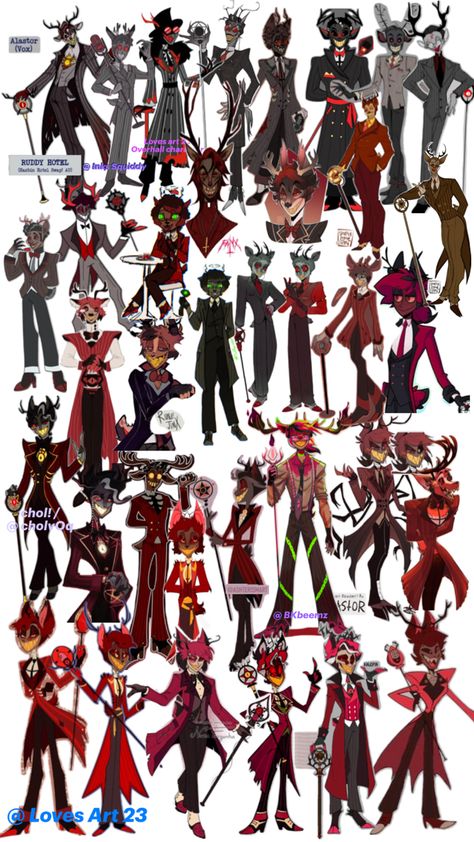 I did make any of these - I love how some people keep the red color while others turn to a Grey dominated color pallet. People tend to keep the Jacket while changing elements like Ties, Bows and Vest. A lot of people give more attention to the Antlers while some of them change his ears to be more deer like which is a common critique to the original ears Hazbin Hotel Alastor, Deer Ears, Alastor Hazbin Hotel, Red Deer, Form Design, A Lot Of People, Color Pallets, Hazbin Hotel, Antlers