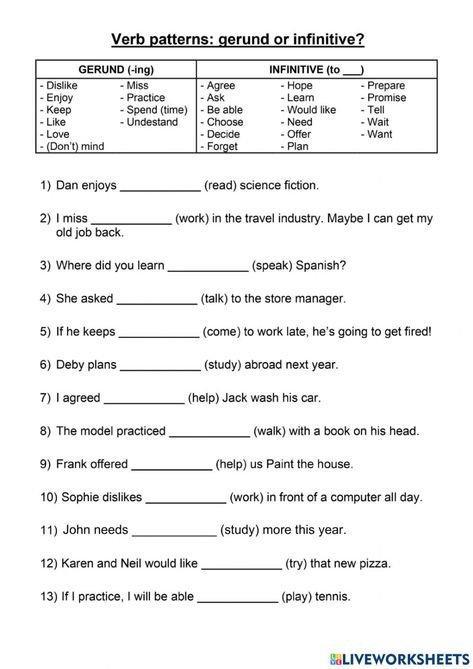 Verb patterns: verbs followed by gerunds or infinitives worksheet Verb + Gerund, Verbs Followed By Infinitives, Verbs Followed By Gerund, Gerund Exercises, Infinitives Grammar, Gerunds And Infinitives, Junior English, Verb Practice, Verbs Activities