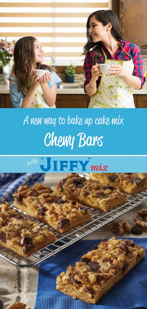 Chewy Bars made with “JIFFY” Golden Yellow Cake Mix. Include a yummy homemade treat with their lunch tomorrow. They will thank you. Nut Bars Recipe, Yellow Cake Mix Cookies, Jiffy Mix Recipes, Jiffy Recipes, Yellow Cake Mix Recipes, Chewy Bars, Jiffy Mix, Nut Bars, Snack On The Go