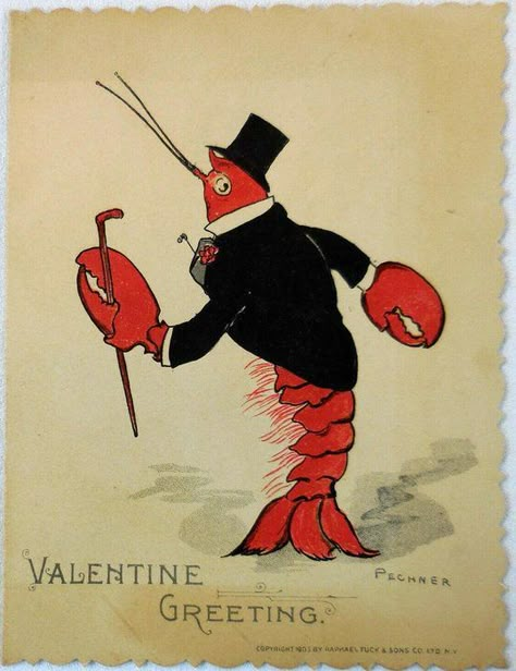 Vintage Illustration Art Retro, Lobster Drawing, Lobster Tattoo, Top Hat And Tails, Lobster Illustration, Lobster Party, Vintage Lobster, Valentine Greetings, Victorian Christmas Cards