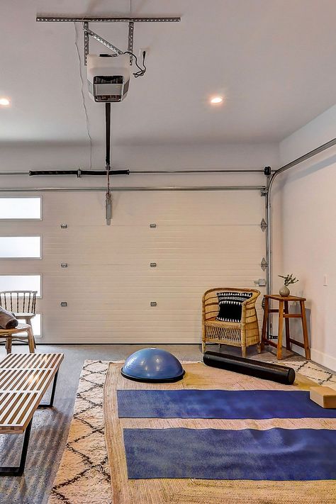 Garage Into Yoga Studio, Garage Meditation Space, Yoga Studio In Garage, Internal Garage Ideas, Garage Wellness Studio, Garage Massage Studio, Garage Sleeping Space, Cosy Garage Ideas, Yoga Organization At Home