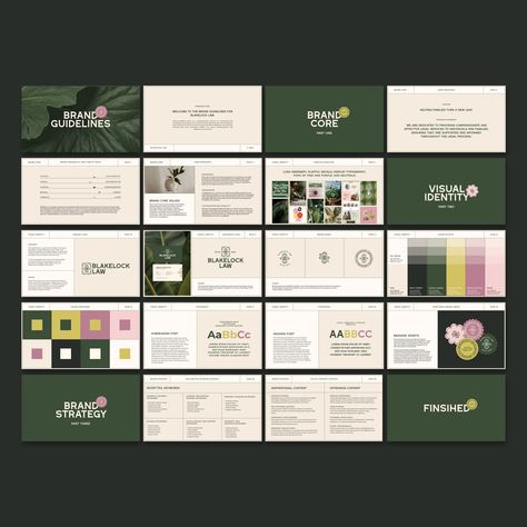 Greenery Jungle inspired branding, modern and feminine law firm brand identity, playful brand deck Branding Booklet, Educational Branding, Brand Identity Presentation, Brand Deck, Law Firm Branding, Startup Presentation, Law Firm Logo Design, Brand Guidelines Design, Book Reference