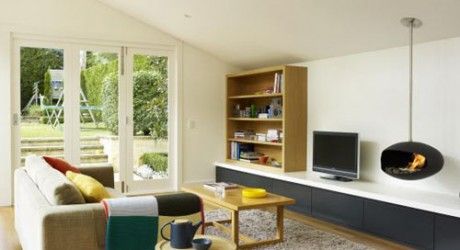 Leamington Road Villas by Studio 1 Architects - Design Milk Built In Tv Cabinet, Diy Interior Design Projects, Formal Lounge, Hanging Fireplace, One Bedroom Flat, Australian Interior Design, Freestanding Fireplace, Built In Furniture, House Interiors