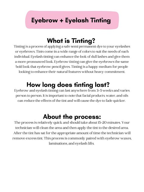 Eyebrow and eyelash tinting Brow Tint Benefits, What Is A Lash Lift, Lash Lift And Tint Benefits, Brow Aftercare, Esthetician Career, Lash Tinting, Brow Business, Brow Tech, Pmu Artist