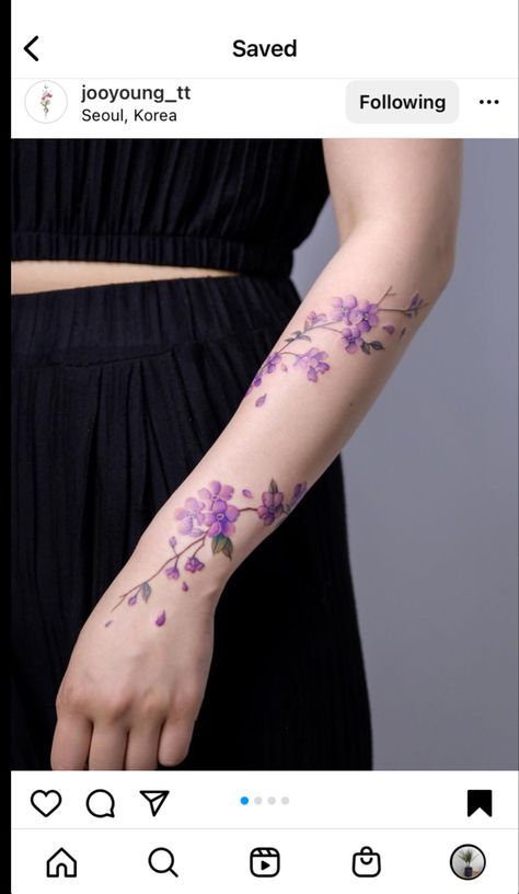 Purple Flower Tattoos, Violet Flower Tattoos, Arm Wrap Tattoo, Flower Vine Tattoos, Violet Tattoo, Thumb Tattoos, Wrap Around Tattoo, Purple Tattoos, Wrap Tattoo