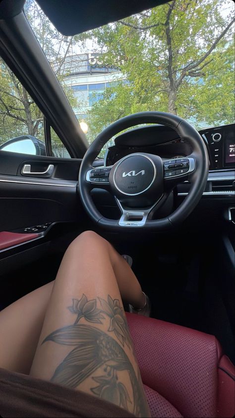 Kia K5 Red Interior, New Car Black Women, Black Kia K5, Pretty Cars For Women, Barbie Car, Cross Tattoos For Women, Kia K5, Girly Car, Kia Picanto