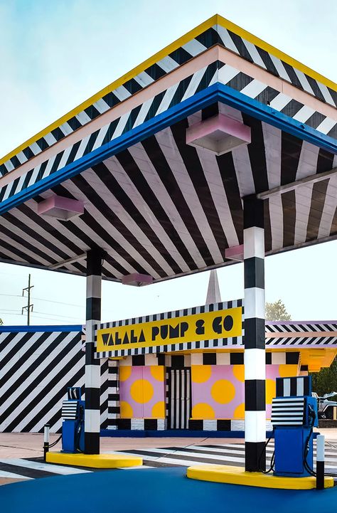 camille walala transforms vintage gas station into a colorful landmark in arkansas Camille Walala, Car Station, Station Service, Fort Smith, Gas Stations, Memphis Design, Container Design, Salou, Colorful Artwork