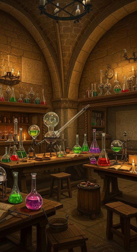 Strange glass vessels filled with bubbling liquids and glowing embers illuminate a medieval alchemist's laboratory. Arcane symbols adorn the walls, hinting at forbidden knowledge. #DarkInteriors #Medieval #Alchemy #Laboratory #Magic #Occult #Mystery #DigitalPainting #8k #Artstation Magic Laboratory, Alchemy Laboratory, Medieval Alchemy, Medieval Fantasy Aesthetic, Arcane Symbols, Glowing Embers, Forbidden Knowledge, Aesthetic Journal, Fantasy City