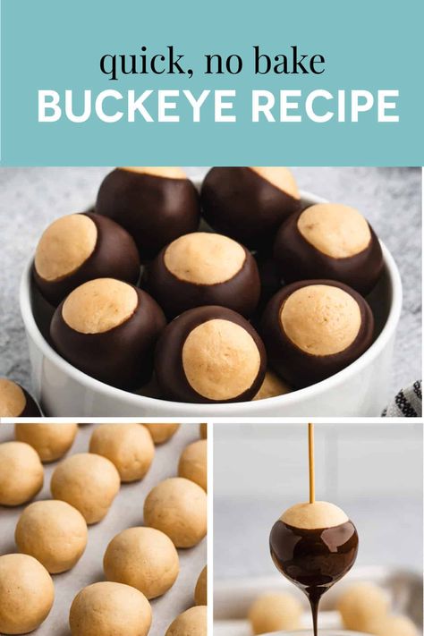 This easy Buckeye Recipe produces the best no bake peanut butter balls, dipped in chocolate and made with just 5 ingredients! via @betrfromscratch Simple Buckeyes Recipe, Homemade Buckeyes Recipe, Buck Eyes Recipe, Buckeye Recipes, Easy Buckeye Recipe, Buckeye Balls Recipe, Buckeye Recipe Easy, No Bake Peanut Butter Balls, Buckeye Recipe