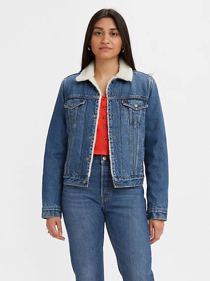 Ex-boyfriend Sherpa Trucker Jacket - Medium Wash | Levi's® US Levis Ex Boyfriend Trucker Jacket Sherpa, Levis Ex Boyfriend Trucker Jacket, Sherpa Outfit, Trucker Jacket Women, Levi Jean Jacket, Cord Jeans, Sherpa Trucker Jacket, Jacket Sherpa, Boyfriend Jacket