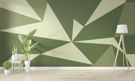 Green Triangle Wall Paint, Geometric Wall Paint Green, Wall Painting Ideas Geometric, Painting Ideas Geometric, Geometric Wall Painting, Geometric Wallpaper Living Room, Geometric Accent Wall, Wall Painting Designs, Wall Art Paint