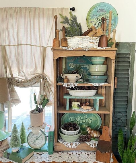 Displaying Antiques In Home, Vintage Scale Decor, Hutch Ideas, Most Beautiful Colors, Green Farmhouse, Cottage Cozy, Vintage Scales, Shallow Shelves, Hutch Display