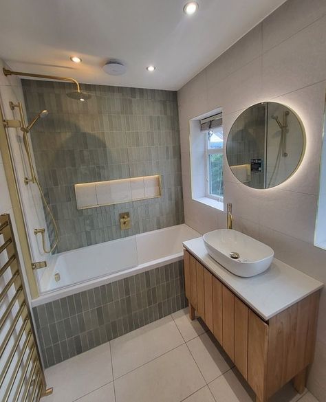 Step into this fresh and inviting bathroom installed by @AB Bathroom Installations. The Navajo brick tile adds a touch of rustic charm with its uneven face and mottled tones. This tiles offers a modern twist on the classic metro tile, creating a truly unique space. Step into this tranquil oasis and experience the beauty of the Navajo tile for yourself.  ➡️Product codes Navajo glass tile>128512 Atlantis tile >  165291- Felix LED Mirror > 138953 Elora tall basin tap > 175939 Hawke basin > 186590 Two Colour Metro Tiles Bathroom, Beige Metro Tiles Bathroom, Rustic Metro Tiles Bathroom, Duck Egg Metro Tiles Bathroom, Topps Tiles Metro Tiles, Metro Tiles Bathroom, Metro Tiles, Bathroom Installation, Brick Tiles