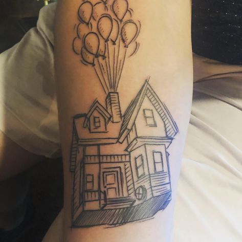 Black and white Disney Pixar’s Up! Balloon house tattoo. Movie Up Tattoo, Disney Black And White Tattoo, Disney Tattoos Black And White, Pixar Up Tattoo, Disney Pixar Tattoos, House Of Balloons Tattoo, Up House Tattoo, Up Tattoo Disney, Gb Tattoo