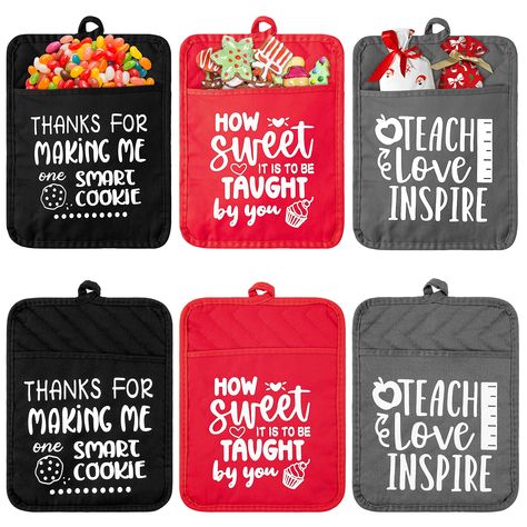 PRICES MAY VARY. Teacher's Day Themed Pot Holders: Package includes 2 black cotton pot holders with pockets, 2 red cotton pot holders and 2 grey pot holders with pockets for all your kitchen needs and also for teachers who are hardworking teachers holiday gift. Heat Resistant Cotton Material: Each of our cotton pot holders is made of durable cotton that is safe to remove from baking sheets, cast iron ovens and fondue pots. Non-slip, reusable, heat resistant, machine washable, saves time and effo Kitchen Hot Pads, Baking Theme, Teacher Holiday Gifts, Teacher Appreciation Gifts Diy, Cute Teacher Gifts, Kitchen Christmas Gifts, One Smart Cookie, Thank You Presents, Christmas Pots