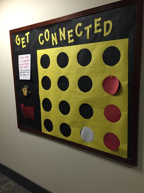 Connect 4 Decorations, Recess Bulletin Board Ideas, Get Connected Bulletin Board, Connect Four Bulletin Board, Family Engagement Bulletin Board, Connect 4 Bulletin Board, Resident Hall Bulletin Boards, Board Game Bulletin Board Ideas, Board Game Door Decorations