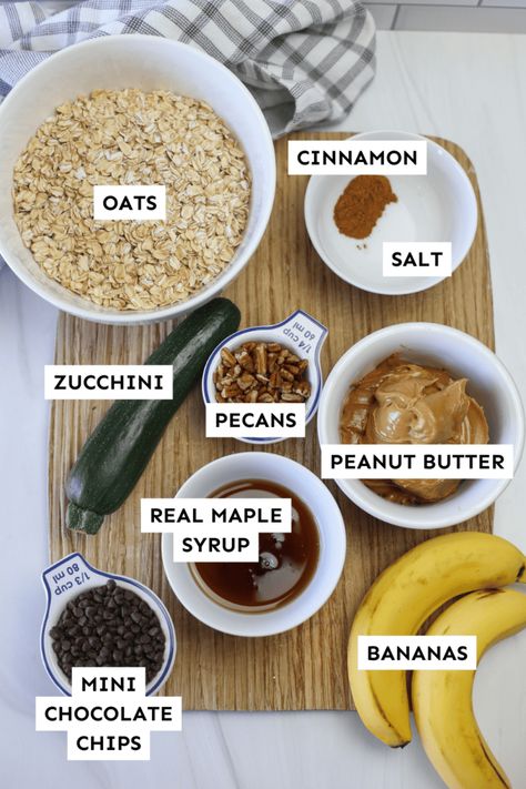 Ingredients measured out and labeled for zucchini breakfast cookies. Zucchini Breakfast Cookies, Oatmeal Zucchini, Zucchini Breakfast, Zucchini Oatmeal, Healthy Make Ahead Breakfast, Healthy Breakfast Idea, Breakfast Cookies Healthy, Freezer Meal, Breakfast Idea