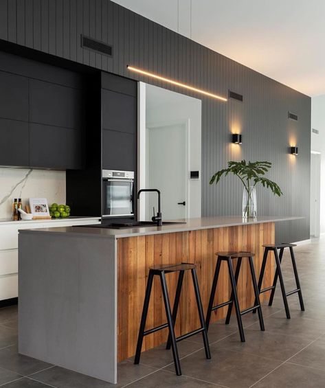 Kre8 on Instagram: “• KITCHEN INSPIRATION •  We love the feature wood island bench and matte black walls in this kitchen by the talented @studioblackinteriors…” Light Wood Kitchens, Timber Kitchen, Kitchen Island Bench, Kitchen Island Bar, U Shaped Kitchen, Wood Kitchen Cabinets, Kitchen Benches, Trendy Kitchen, Black Kitchens