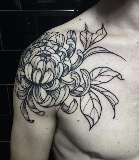 Front Shoulder Tattoo, Shoulder Tattoo Ideas, Front Shoulder Tattoos, Chrysanthemum Tattoo, Lily Tattoo, Botanical Tattoo, Skin Art, Blackwork Tattoo, Neck Tattoo