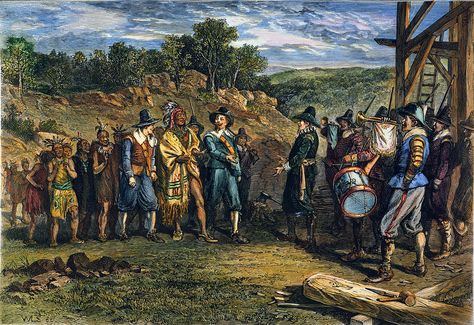 Among New England's most powerful Indian rulers, Massasoit (1580-1661), also called Ousamequin ("Yellow Feather"), was sachem (chief) of the Wampanoag people when the Pilgrims landed in Plymouth in 1620.  Massasoit was born in the village of Pokanoket, near present-day Bristol RI.  By signing a treaty with the Pilgrim settlers of Plymouth in 1621, and by faithfully observing its provisions, Massasoit guaranteed that the fledgling colony of Massachusetts Bay would survive. Pilgrim Fathers, Massachusetts Bay Colony, Plymouth Colony, Roman Names, The Pilgrims, Plymouth Rock, The Mayflower, Native American Heritage, American Heritage