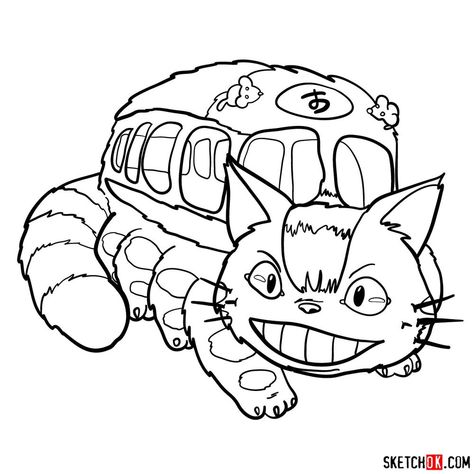 How to draw the Catbus Catbus Totoro Tattoo, Catbus Totoro Drawing, Ghibli Lineart, Studio Ghibli Desenhos, Studio Ghibli Line Art, Catbus Tattoo, Studio Ghibli Coloring Pages, Studio Ghibli Cat, Studio Ghibli Drawings