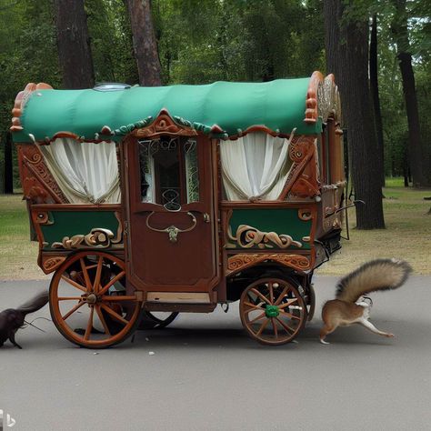 When traveling a long distance, faeries and elves use caravan wagons to haul their belongings and have as a place to rest. They are pulled by chipmunks or squirrels. Fantasy Caravan Concept Art, Wagon Parade Float Ideas, Dnd Wagon, Merchant Wagon, Fantasy Caravan, Steampunk Moodboard, Caravan Wagon, Funky Buildings, Group Reference