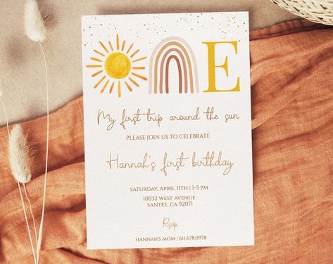 Editable First Trip Around the Sun Invitation Sun Birthday - Etsy Australia Sunshine 1st Birthday Party Girl, Sun Birthday Invitation, Space Invitation, Sunshine First Birthday, Rainbow Invitation, Sun Birthday, First Trip Around The Sun, Rainbow Invitations, Sunshine Birthday