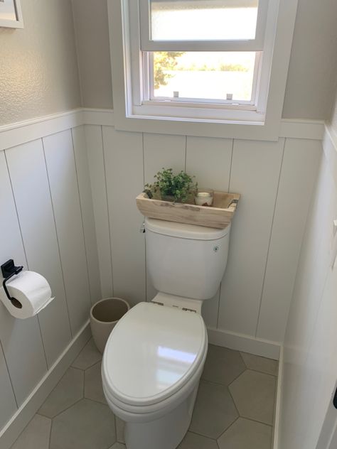 Water Closet Ideas With Window, Toilet Room Decor With Window, Water Closet With Window, Toilet Room Ideas With Window, Water Closet With Window Above Toilet, Shiplap Lower Half Of Wall Bathroom, Small Toilet Room With Window, Window Over Toilet, Vertical Shiplap Chair Rail Bathroom