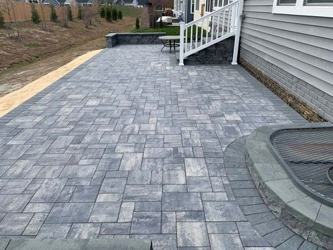 Trex Steps, Backyard Concrete, Grey Pavers, Cambridge Pavers, Curved Patio, Patio Stairs, Cambridge Pavingstones, Concrete Patio Designs, Patio Projects