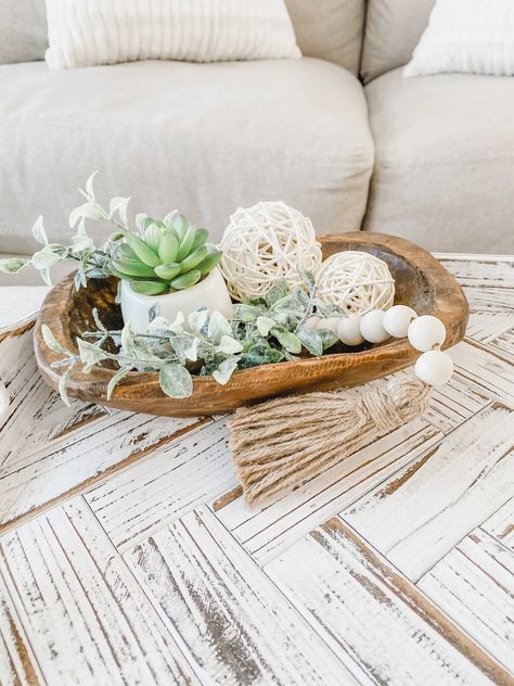 Dough Bowl Decor Ideas, Dough Bowls Decor, Dough Bowl Decorations, End Table Styling, Wooden Bowls Centerpiece, Small Dough Bowl, Wood Coffee Table Decor, Bowl Decor Ideas, Wooden Bowls Decor