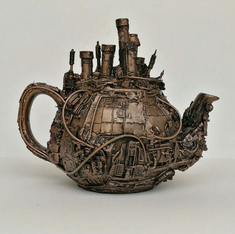 Steampunk teapot sculpture. Available from my etsy page.  Www.etsy.com/uk/shop/richardsymonsart Steampunk Ceramics, Steampunk Teapot, Steampunk Artifacts, Teapot Sculpture, Steampunk Pumpkin, Teapot Drawing, Steampunk Sculpture, Steampunk Kunst, Waste Art