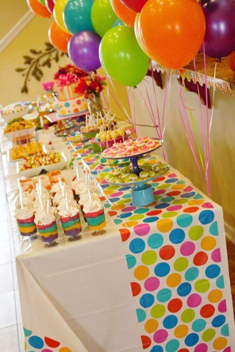 Polka Dot Birthday Party Ideas, Polka Dot Party Theme, Castle Birthday Party, Polka Dot Birthday Party, Rainbow Party Decorations, Polka Dot Birthday, Colorful Birthday Party, Rainbow Parties, Rainbow Polka Dots