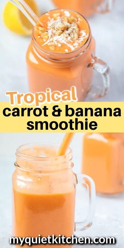 This gorgeous and bright carrot banana smoothie is loaded with fresh carrots, banana, lemon, mango, and pineapple. It's as beautiful to look at as it is delicious! This smoothie is also super easy to customize. Add dried coconut, vegan protein powder, yogurt, or nuts to make it more filling, or keep it on the lighter side with just carrots and fruit. Carrot And Banana Juice, Carrot Banana Smoothie, Banana Juice Recipe, Carrot Smoothie Recipe, Best Yoga For Beginners, Carrot Cake Smoothie, Aip Breakfast, Papaya Smoothie, Nutrient Dense Smoothie