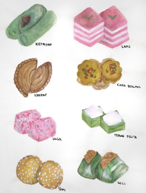 #kuih #malaysia #watercolorartpaintings Kuih Muih Illustration, Kuih Muih Drawing, Malaysian Doodle Art, Congkak Art, Malaysia Drawing, Malaysia Poster, Malaysia Art, Dessert Logo, Kindergarten Addition Worksheets