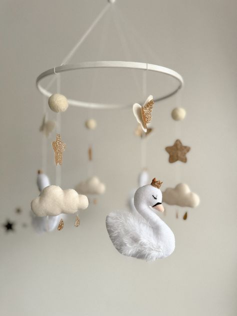 Swan Nursery Decor, Swan Nursery, Gold Nursery Decor, Baby Wall Decor, Gold Nursery, Crib Toys, Baby Crib Mobile, Nursery Crib, Hanging Mobile