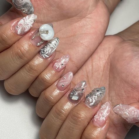 White jade nails 🤍her inspo at the end @phebe.cherilynn 😘 All hand drawn/ hand sculpted including the jade 🫶🏼🤍 -pls tag if use as reference 💖 #explorepage #nails #whitejade Jade Nails, Instagram White, March 8, White Jade, The End, Hand Drawn, Jade, How To Draw Hands, Nail Art