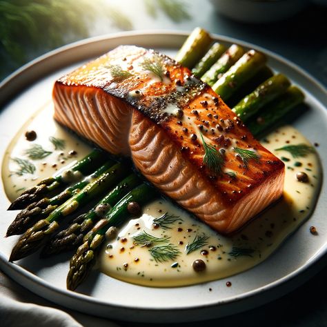 Savor the ocean's finest with our Pan-Seared Salmon, cooked to golden perfection. Complemented by earthy roasted asparagus and drizzled with a zesty lemon-dill sauce, this dish promises a symphony of flavors. Fresh, wholesome ingredients come together to offer a meal that's both nutritious and delectable. Perfect for seafood lovers and gourmet enthusiasts alike. Dive into this culinary delight that marries the best of land and sea Salmon Entrees Fine Dining, Fish Dishes Fine Dining, Fancy Seafood Dishes, Fancy Fish Dinner, Salmon Fine Dining, Fish Fine Dining, Salmon Presentation, Luxury Food Dinners, Salmon Entrees