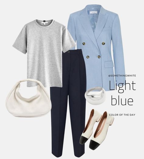 Light Blue Blazer Outfits For Women Work, Light Blue Blazer Outfits For Women, Light Blue Blazer Outfit, Blazer Outfits For Women Work, Casual Outfit Capsule, Blue Blazer Outfits For Women, Outfit Capsule Wardrobe, Blazer Casual Outfit, Blue Blazer Outfit