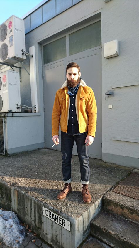 Rugged Stark - Levis Outfit, Beard, Red Wing Iron Ranger Amber Harness, Denim, RRL, Trucker Jacket, Rugged - Daniel Stark Red Wings Iron Ranger Outfit, Red Wing Iron Ranger Outfit, Redwing Iron Ranger Outfits, Iron Ranger Boots Outfit, Iron Ranger Outfit, Red Wings Boots Outfit, Red Wing Outfit, Trucker Jacket Outfit, Ranger Outfit