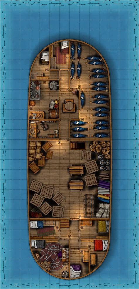 A Dungeondraft created battlemap of a Sloop Upperdeck for a pirate campaign. DnD, RPG Pirate Boats, Ship Map, Dnd World Map, Iceland Adventures, Campaign Planning, Tabletop Rpg Maps, Pirate Adventure, Rpg Map, Water Adventure