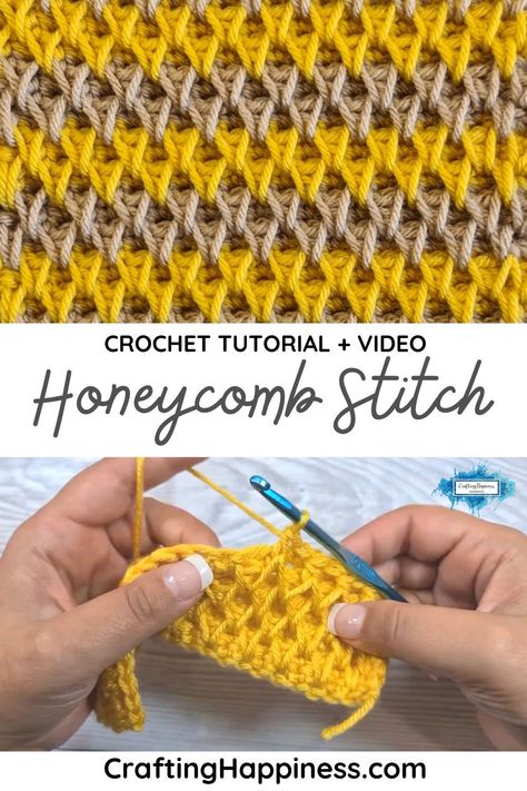 Learn how to crochet Honeycomb Stitch - free step by step tutorial & video from Crafting Happiness. Easy crochet tutorial for beginners. Naztazia Smock Stitch, Smock Crochet Stitch, Tunisian Honeycomb Stitch Tutorial, Honeycomb Crochet Blanket Free Pattern, Honey Comb Crochet Pattern Free, Smock Stitch Crochet, Honeycomb Crochet Pattern Free, Honeycomb Stitch Crochet, Honey Comb Crochet Blanket Pattern Free