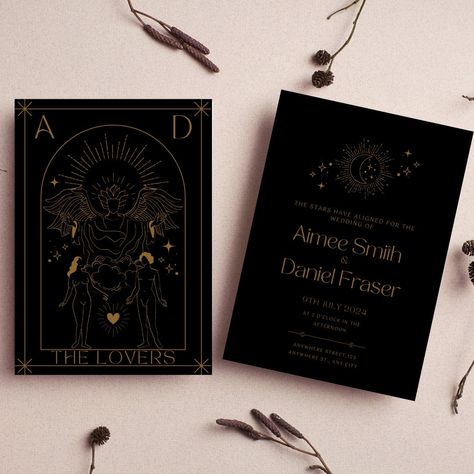 The Lovers Celestial Black & Gold Wedding Tarot Card, Rsvp Card + Details Invitation Template by TheCardCottageCo on Etsy Tarot Save The Date, Wedding Tarot, Black And Gold Wedding Invitations, Celestial Wedding Invitations, Black Gold Wedding, Business Board, Celestial Wedding, Wedding Greeting Cards, Gold Wedding Invitations