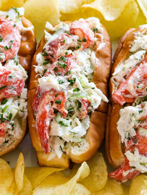 Crab and Lobster Seafood Rolls - CarnalDish Crab And Shrimp Roll, Joanna Gaines Lobster Rolls, Lobster Roll Buns Recipe, Lobster And Crab Recipes, Cold Lobster Roll, Crab Rolls Recipe, Langostino Rolls, Crab Rolls Sandwich, Seafood Platter Ideas