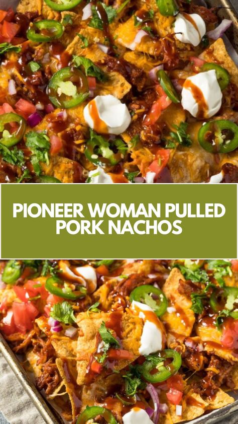 Pioneer Woman Pulled Pork Nachos combine tortilla chips, pulled smoked pork, a mix of cheddar, Monterey Jack, Pepper Jack, Colby cheeses, and optional pickled jalapeños. This recipe takes 25 minutes to prepare and serves 6 people. Pioneer Woman Bratwurst Bar, Pulled Pork Tater Tot Nachos, Shredded Pork Nachos Recipe, Loaded Pork Nachos, Pulled Pork Sweet Potato Nachos, Bbq Pork Nachos Pulled, Pulled Pork Fajitas, Barbecue Nachos Pulled Pork, Pork Nachos Pulled