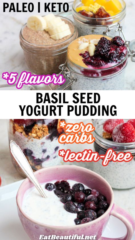 Make Basil Seed Yogurt Pudding overnight or allow 30 minutes soaking, to enjoy for breakfasts, lunches, snacks and healthy desserts. 5 Flavors, Paleo, Keto, Gluten-free, Lectin-free, Zero Carbs. | basil seeds | basil seed recipes | yogurt pudding | paleo | keto | lectin free | low carb || #basilseeds Lectin Free Snacks, Basil Seeds Benefits, Yogurt Pudding, Vegan Meat Recipe, Eat Beautiful, Coconut Milk Yogurt, Beautiful Recipes, Seed Recipes, Keto Granola