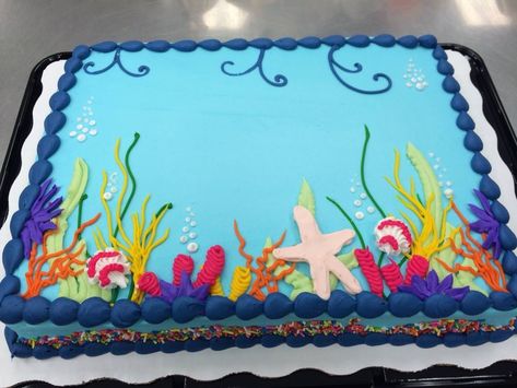 Under the sea cake Under The Sea Baby Shower Cake, Under The Sea Cake Ideas, Under The Sea Cake Smash, Ocean Sheet Cake, Under The Sea Cakes, Shark Sheet Cake, Under The Sea Sheet Cake Ideas, Undersea Cake Ocean Themes, Under The Sea Sheet Cake